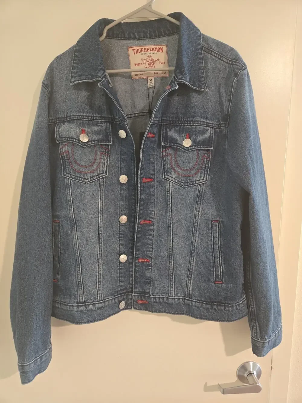 True Religion Men’s Jacket Denim with Red Stitch Printed Logo SZ M NEW